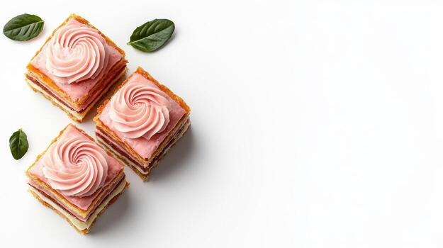 Three pieces of cake with pink frosting on top photo