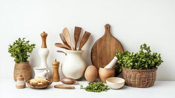 Various wooden utensils and herbs on a white table photo