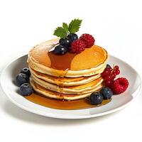 A stack of pancakes with syrup and berries photo