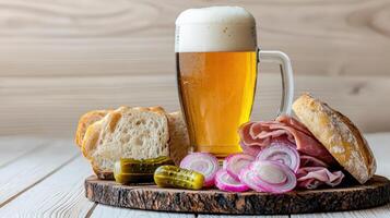 A glass of beer and bread on a wooden board photo