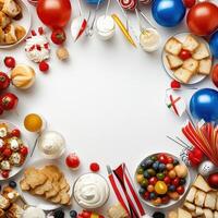 An image of a table with various foods and desserts photo