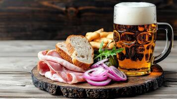 A glass of beer and a plate with ham, bread and onions photo