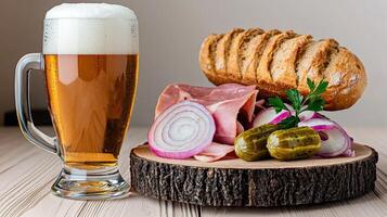 A glass of beer and a plate of food photo