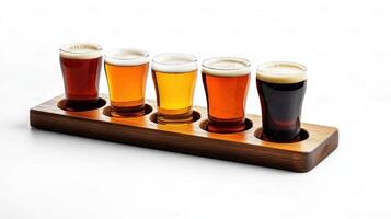 A wooden tray with six different beers on it photo