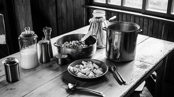A table with bowls, spoons, and other utensils photo