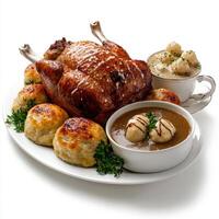 A large roast turkey on a plate with gravy and other food photo