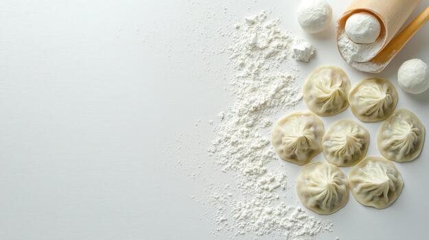 Dumplings and flour on a white table photo