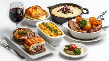 A variety of food and wine on a white table photo