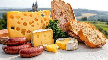 A table with cheese, bread, and sausage photo