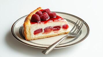 A piece of cheesecake with raspberry sauce on a plate photo