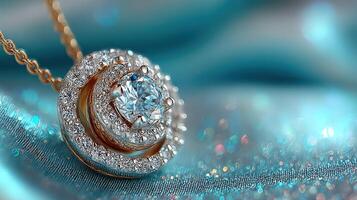 Elegant diamond necklace glistens on soft blue fabric showcasing intricate design and luxury photo
