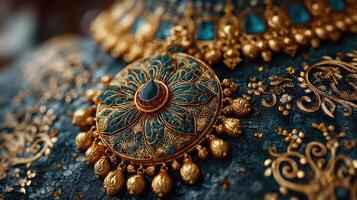 Exquisite craftsmanship in traditional jewelry showcasing intricate designs and vibrant colors photo