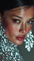 Model showcasing elegant jewelry with intricate design in a striking close-up portrait during a fashion shoot at a studio photo
