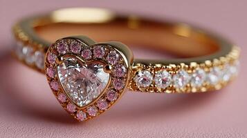 Elegant heart-shaped ring with pink and clear gemstones displayed on a soft gradient background photo