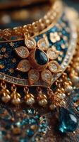 Intricate gold necklace featuring blue gemstones and detailed embellishments showcased in fine craftsmanship photo