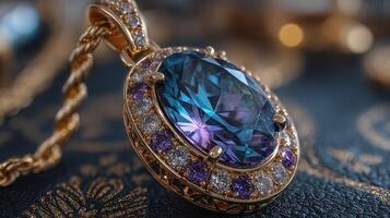 Elegant gem pendant featuring a large blue stone with purple accents on intricate gold setting displayed against decorative background photo