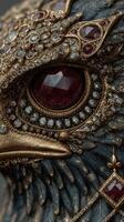 Ornate close-up of a embellished bird figurine with intricate detailing in gems and metals photo