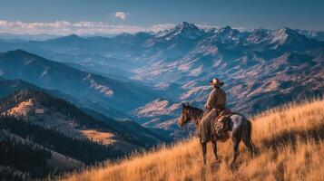Cowboy riding horse overlooking mountain range at sunset in serene landscape photo
