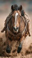 Running horse with saddle kicking up dust in open terrain during a sunny day photo