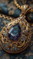 Intricate jewelry design featuring a large tear-shaped gemstone and ornate golden detailing on a textured background photo