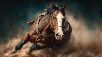 Horse running at full speed through dusty terrain on a bright sunny day in a western landscape photo