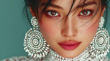 Beauty in intricate jewelry captures attention with striking makeup against a solid background photo