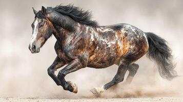 Beautiful horse galloping swiftly across a dusty arena during golden hour at a ranch photo