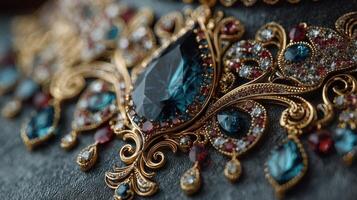 Intricate gold jewelry design featuring vibrant gemstones displayed on a dark fabric background photo