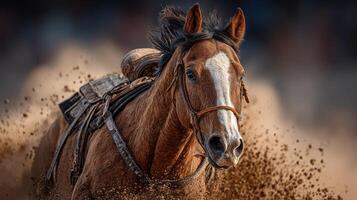 Horse gallops swiftly through the dust during a rodeo event at sunset in an open arena photo