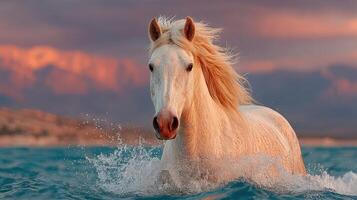 White horse running through shallow water at sunset on a scenic shoreline with mountains in the background photo