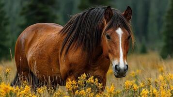 Majestic brown horse grazing in vibrant yellow flowers on a serene meadow during a sunny afternoon photo