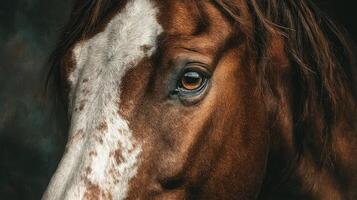 Close-up of a brown horse's eye showing intricate details and textures during a serene afternoon in a natural setting photo