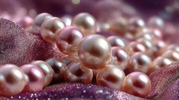 Glistening pink pearls resting elegantly on soft purple fabric in a delicate arrangement photo