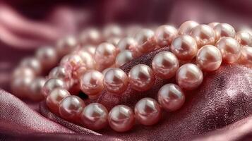 Elegant pink pearls delicately arranged on soft satin fabric in warm natural light photo