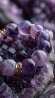 Beautiful amethyst beads on sparkling crystals in a close-up display of natural elegance and vibrant color photo