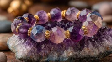Handcrafted bracelet made of amethyst beads on a bed of sparkling crystals in natural lighting photo