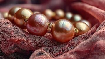 Elegant pearl necklace displayed on soft fabric with intricate details and rich colors during afternoon lighting photo
