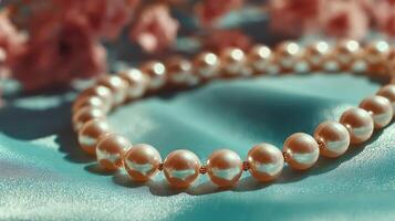 Elegant pearl necklace displayed on turquoise fabric surrounded by delicate flowers in soft lighting photo