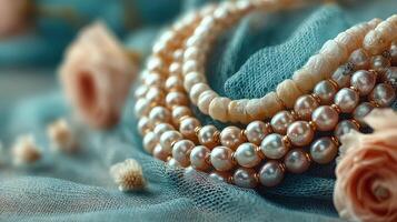 Elegant pearl jewelry displayed on blue fabric with delicate roses in the background during a softly lit setting photo