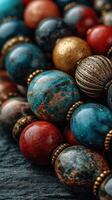 Colorful beaded jewelry showcasing intricate craftsmanship with vibrant hues and textures photo