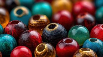 Colorful assortment of handcrafted beads displayed close-up in vivid detail, showcasing textures and patterns photo