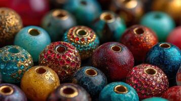 Colorful assortment of decorative beads arranged together showcasing intricate designs and vibrant hues photo