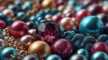 Colorful assortment of beads and gemstones displayed together, showcasing a variety of textures and shapes under soft lighting photo