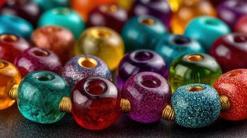 Colorful glass beads arranged in an intricate pattern showcasing their vibrant hues and textures during a crafting session photo