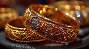 Intricately designed golden rings displayed at a jewelry fair showcasing craftsmanship and elegance photo