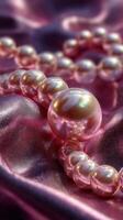 Close-up view of lustrous pink pearls arranged elegantly on soft fabric at a jewelry display photo
