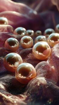 Bubbling pearls scattered on soft fabric with light reflections and textures in a delicate composition photo
