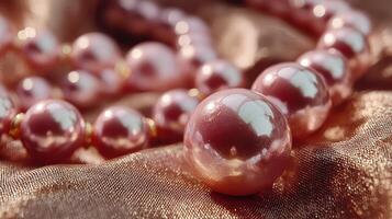 Close-up view of elegant pink pearls on a luxurious fabric background showcasing their luster and beauty photo