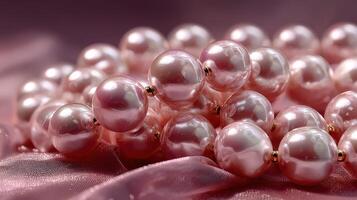 Elegant pink pearls arranged on soft fabric create a luxurious display for jewelry enthusiasts and collectors photo