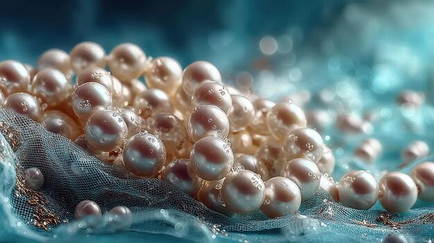 Elegantly arranged pearls on delicate lace with a shimmering blue background in a tranquil setting photo